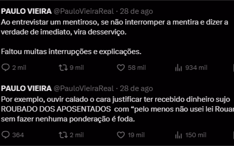 CLIMÃO E FOGO AMIGO NA GLOBO: PAULO VIEIRA DETONA POSTURA DE TRALLI E RENATA EM SABATINA COM BOLSONARO
